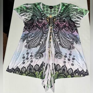 Simply Emma Boho Mandala Paisley Pleated V Neck Blouse